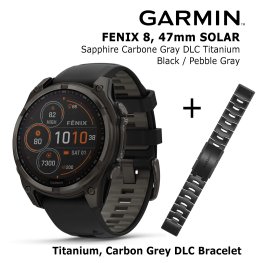 GARMIN Fenix 8 47 mm, Solar, Sapphire Carbon + Titanium Bracelet Carbon Grey DLC Coating, 22mm sportinis laikrodis