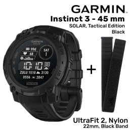 GARMIN Instinct 3 - 45 mm, Solar, Tactical Black + UltraFit 2, Nylon, 22mm, Black Band Спортивные часы