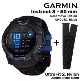 GARMIN Instinct 3 – 50 mm, Supernova Edition, AMOLED, Black + UltraFit 2, Nylon, 26mm, Black Band Спортивные часы
