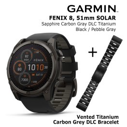 GARMIN Fenix 8 51 mm, Solar, Sapphire Carbon + Vented Titanium Bracelet Carbon Gray DLC sportinis laikrodis
