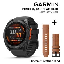 GARMIN Fenix 8 51 mm, AMOLED, Slate Gray + Chestnut Leather Band sportinis laikrodis