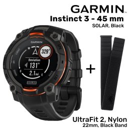 GARMIN Garmin Instinct 3 - 45 mm, Solar, Black + UltraFit 2, Nylon, 22mm, Black Band Спортивные часы