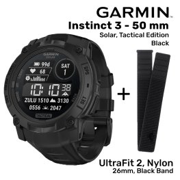 GARMIN Instinct 3 - 50 mm, Solar, Tactical Edition, Black + UltraFit 2, Nylon, 26mm, Black Спортивные часы
