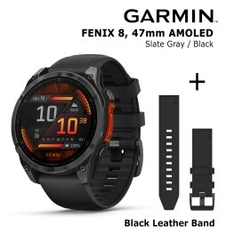 GARMIN Fenix 8 47 mm, AMOLED, Slate Gray + Black Leather Watch Band, QuickFit 22mm sportinis laikrodis