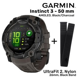 GARMIN Instinct 3 - 50 mm, AMOLED, Black/Charcoal + UltraFit 2, Nylon, 26mm, Black Спортивные часы