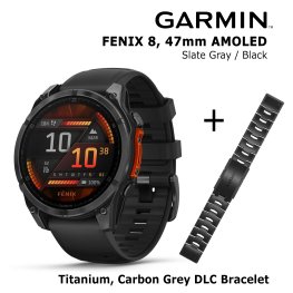 GARMIN Fenix 8 47 mm, AMOLED, Slate Gray + Titanium Bracelet Carbon Grey DLC, QuickFit 22mm sportinis laikrodis