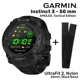 GARMIN Instinct 3 – 50 mm, AMOLED, Tactical Edition + UltraFit 2, Nylon, 26mm, Black Band Спортивные часы