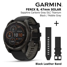 GARMIN Fenix 8 47 mm, Solar, Sapphire Carbon + Black Leather Watch Band, QuickFit 22mm Спортивные часы