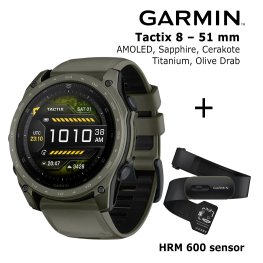GARMIN Tactix 8 – 51 mm, AMOLED, Sapphire, Cerakote, Titanium, Olive + HRM 600 Sensor sportinis laikrodis