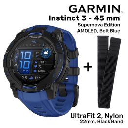 GARMIN Instinct 3 – 45 mm, Supernova, AMOLED, Bolt blue + UltraFit 2, Nylon, 22mm, Black Band Спортивные часы
