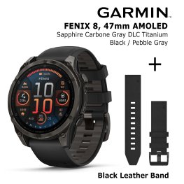 GARMIN Fenix 8 47 mm, AMOLED, Sapphire Carbon + Black Leather Watch Band, QuickFit 22mm Спортивные часы