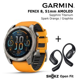 GARMIN Fenix 8 51 mm, AMOLED, Sapphire Titanium + SHOKZ Open Fit Black sportinis laikrodis