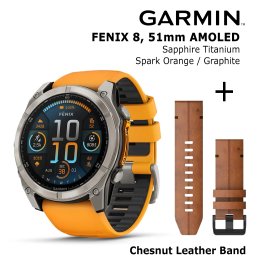 GARMIN Fenix 8 51 mm, AMOLED, Sapphire Titanium + Chesnut Leather Band sportinis laikrodis