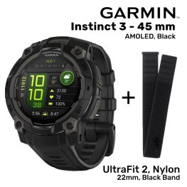 GARMIN Instinct 3 - 45 mm, AMOLED, Black + UltraFit 2, Nylon, 22mm, Black Band Спортивные часы
