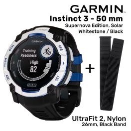 GARMIN Instinct 3 – 50 mm, Supernova Edition, Solar, Whitestone + UltraFit 2, Nylon, 26mm, Black Спортивные часы